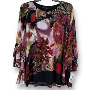 New Calessa Floral Print Mesh Overlay Layered Shirt Womens Plus Sz 3X Lagenlook